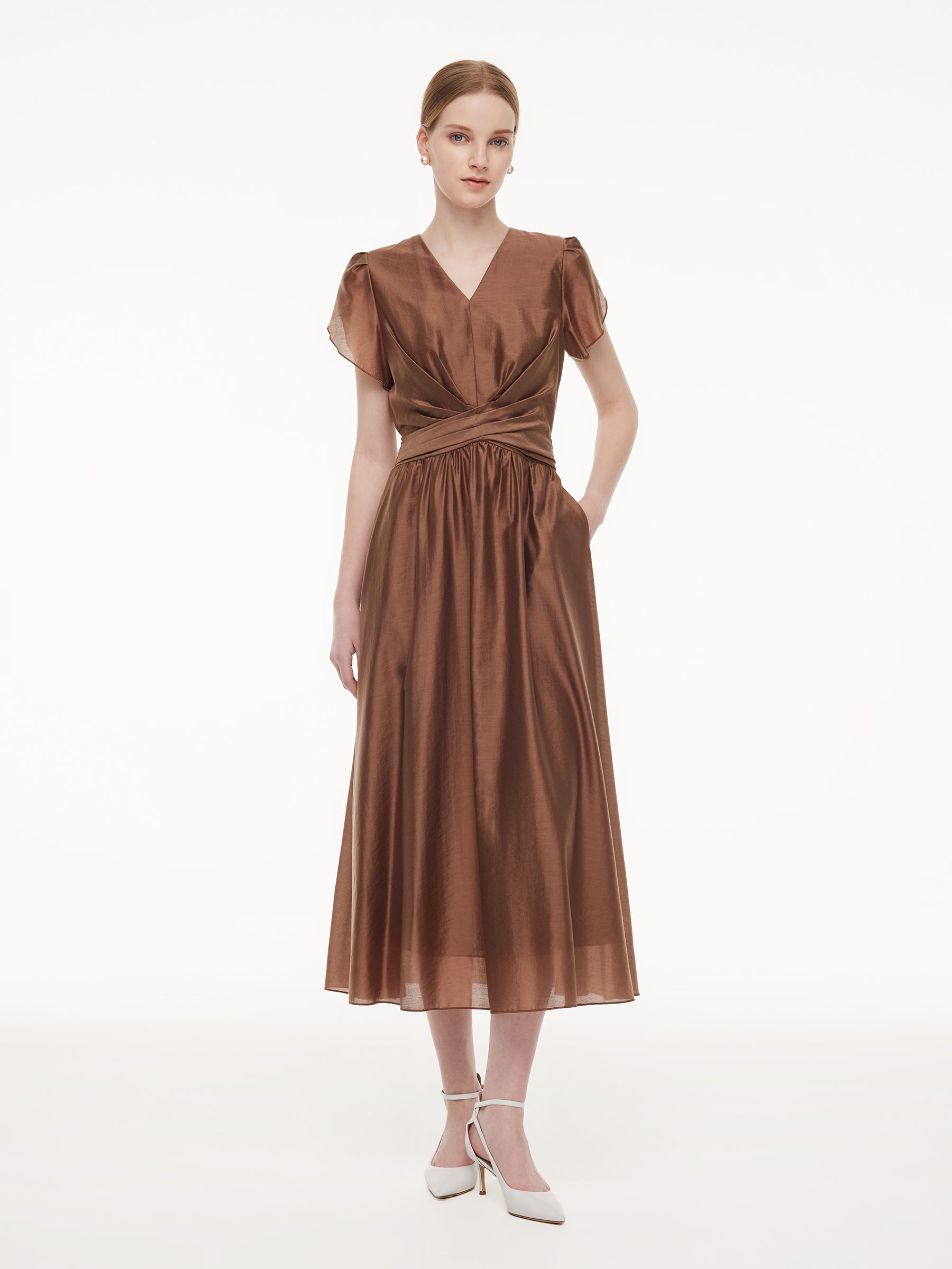 Tencel Blend Twist Front V-Neck Women Maxi Dress GOELIA