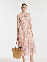 10 Momme Mulberry Silk Iris Printed Halter Ruffle Women Maxi Dress GOELIA