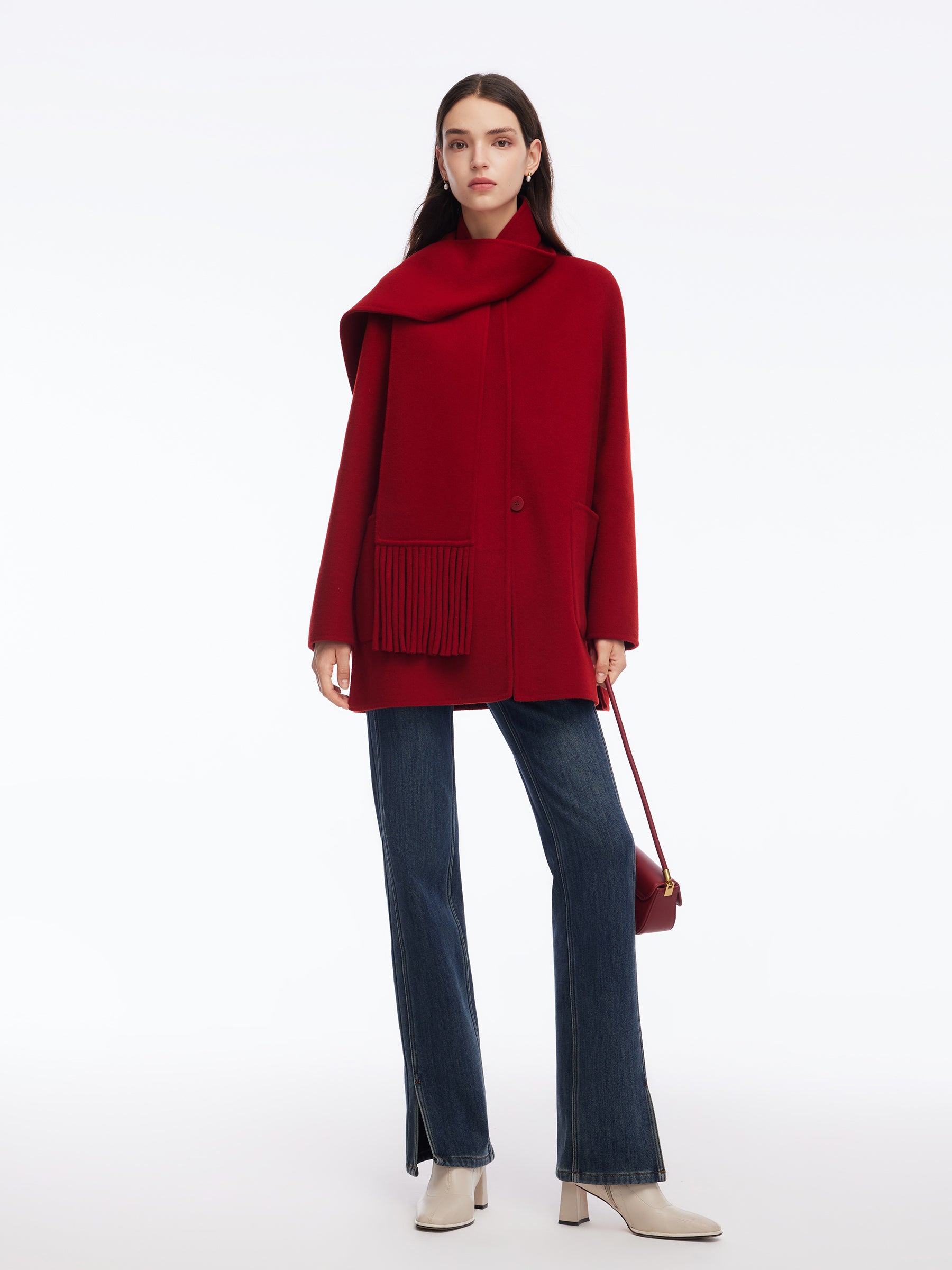 Tencel Wool Blend Double-Faced Women Coat With Fringe Scarf GOELIA