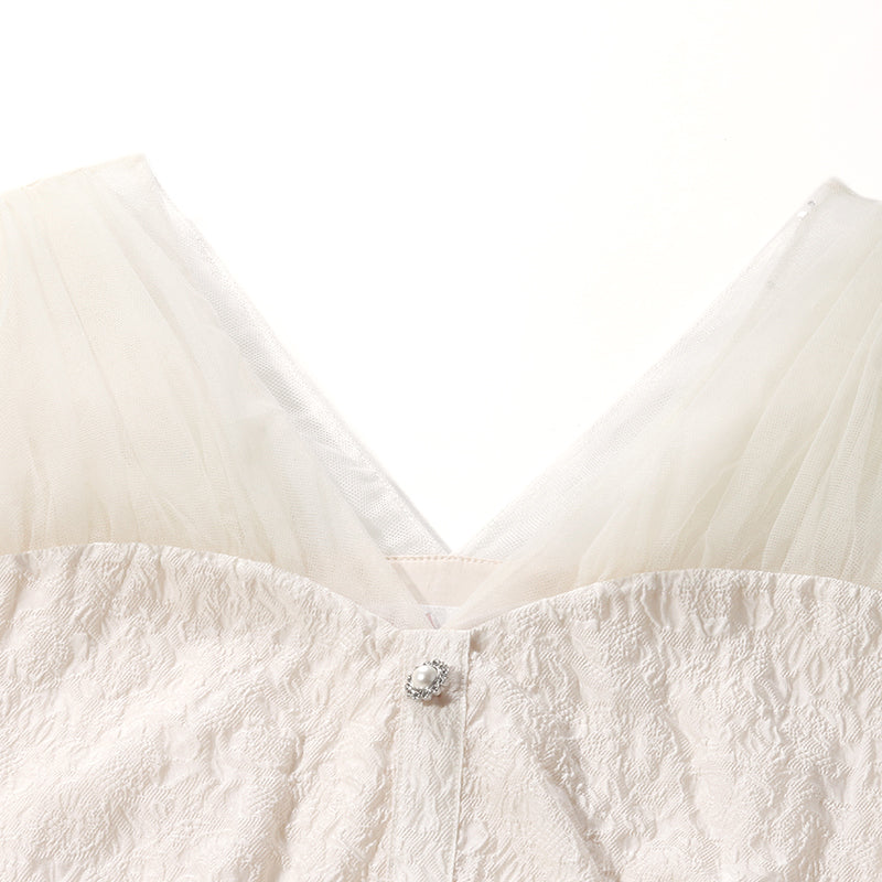 White Mesh Half-Sleeve V-neck Jacquard Dress GOELIA