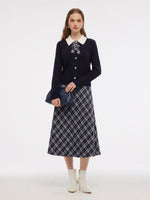 [Preview] Cable Knit Cardigan And Plaid Skirt Two-Piece Set With Detachable Bow GOELIA