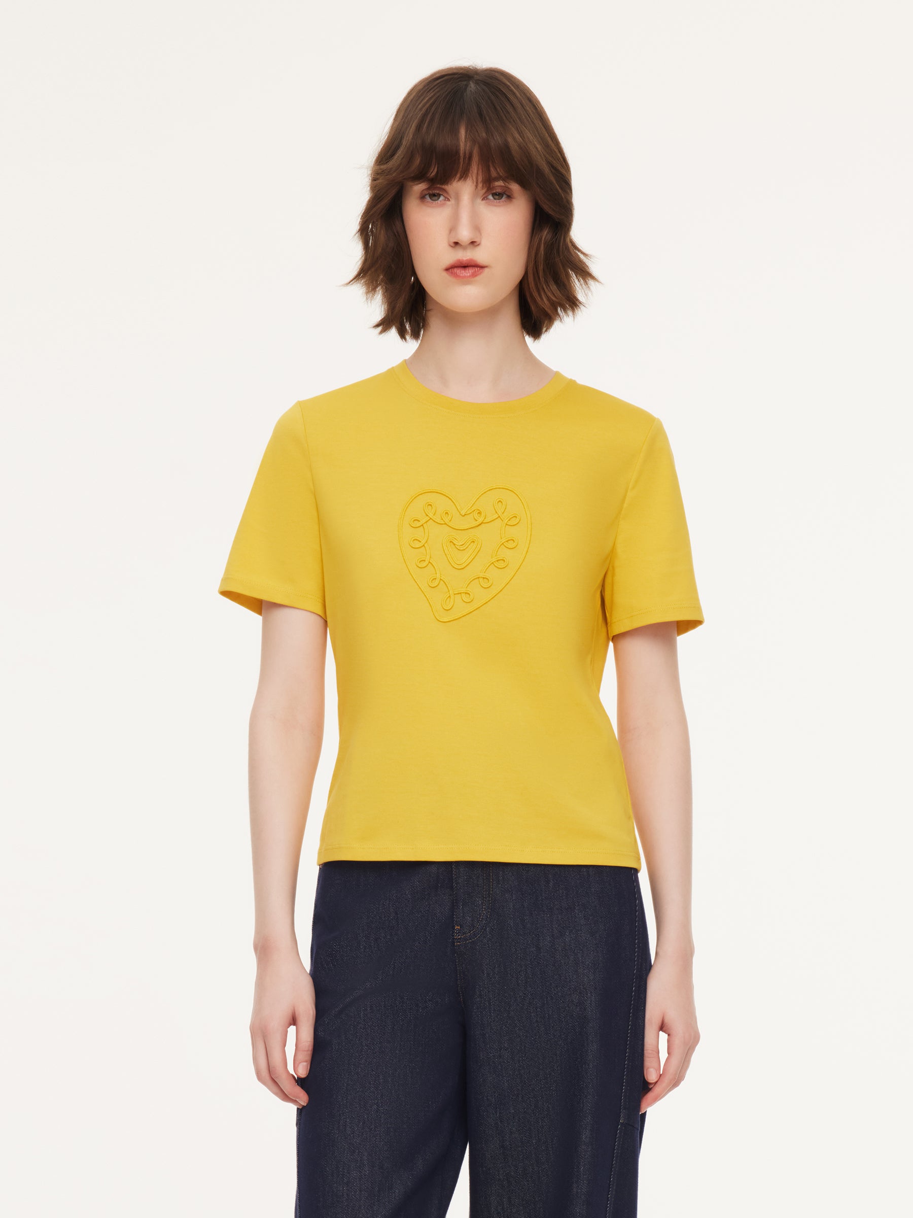 Cotton Blend Round Neck Tape Embroidered Women T-Shirt GOELIA