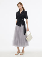 Mock-Layered Adjustable Waist Women Wrap Maxi Dress GOELIA