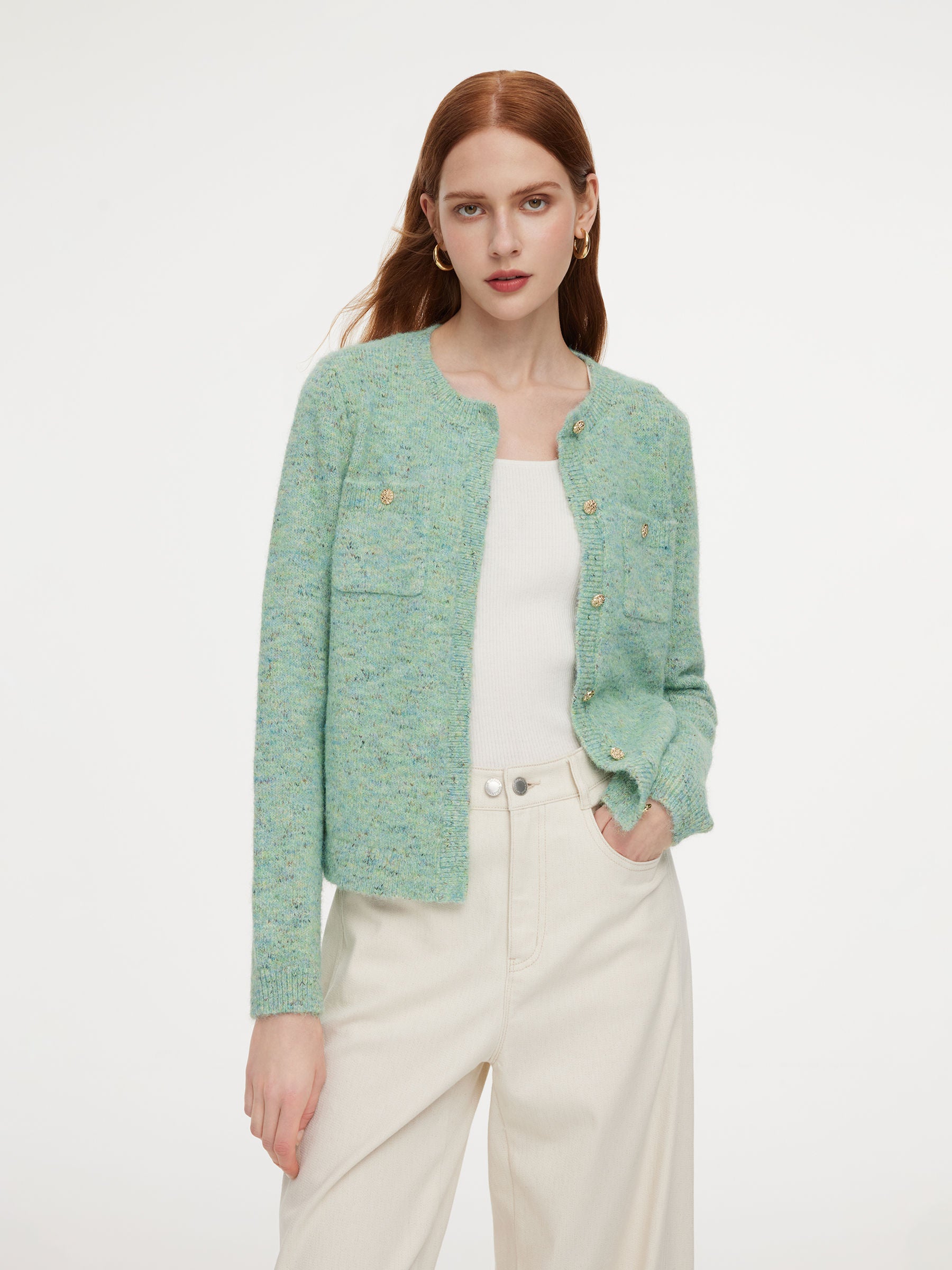 Melange Green Single Breasted Women Cardigan GOELIA