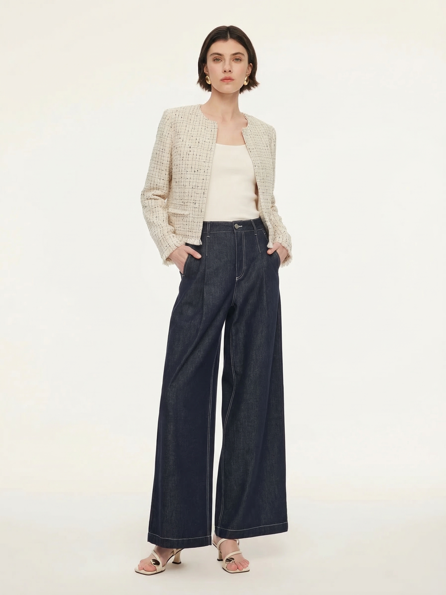 Wool Blend Tweed Frayed Hem Women Jacket GOELIA