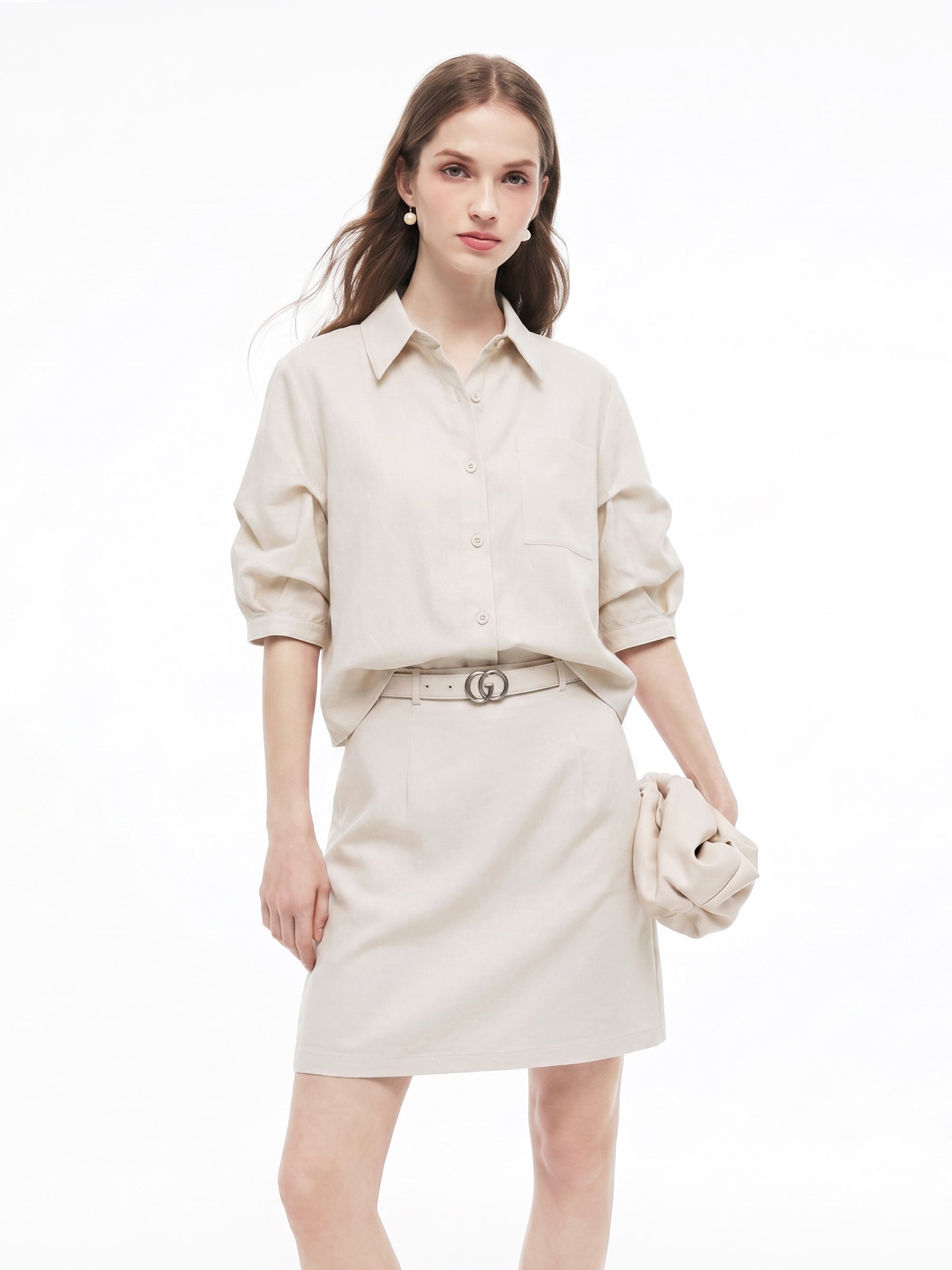 Lyocell Linen Blend Mock-Layered Women Mini Shirt Dress GOELIA