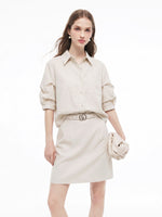 Lyocell Linen Blend Mock-Layered Women Mini Shirt Dress GOELIA