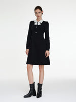 Pre-Order Tencel Wool Blend Color Block Collar Women Knit Mini Dress GOELIA