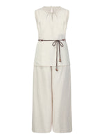 100% Linen Braided Neck Tank Top And Pants Two-Piece Set With Beaded Belt GOELIA