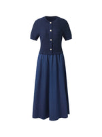 Denim Patchwork Sequins Gathered Waist Women Midi Dress GOELIA