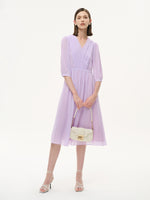 V-Neck Back Tie Women Pleated Midi Dress GOELIA