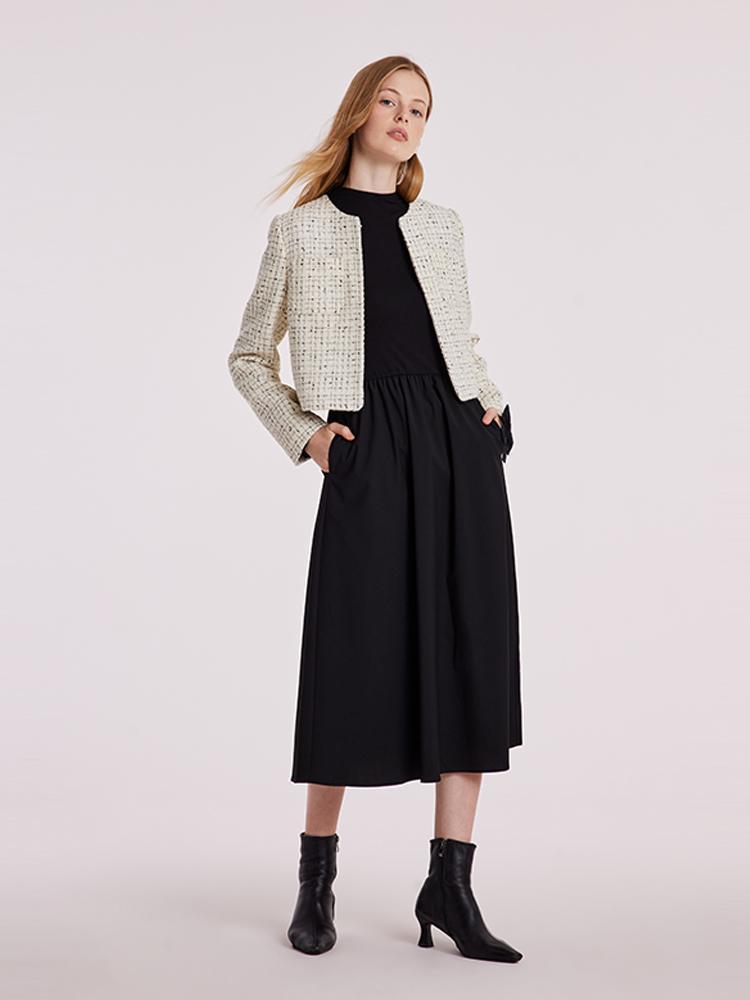 Wool Blend Tweed Short Women Jacket and Long Sleeve Dress Set, Black and White Jacquard / M Wool Blend Tweed Short Women Jacket and Long Sleeve Dress Set, Black and White Jacquard / M