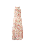 10 Momme Mulberry Silk Iris Printed Halter Ruffle Women Maxi Dress GOELIA