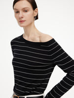 [Preview] Tencel Mulberry Silk Blend One Shoulder Women Stripe Knit Top GOELIA