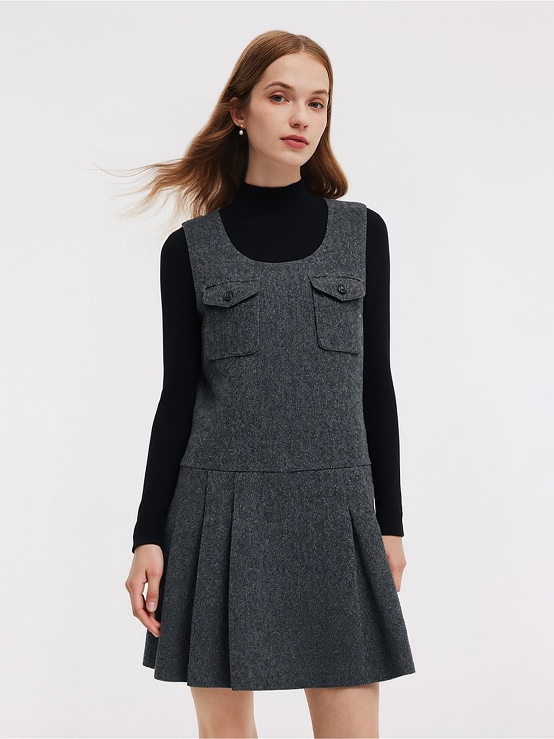 [Preview] 100% Washable Wool Pleated Tank Dress And Knit Top Two-Piece Set GOELIA