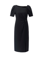 Acetate Asymmetric Neck Slit Twist Waist Women Midi Dress GOELIA