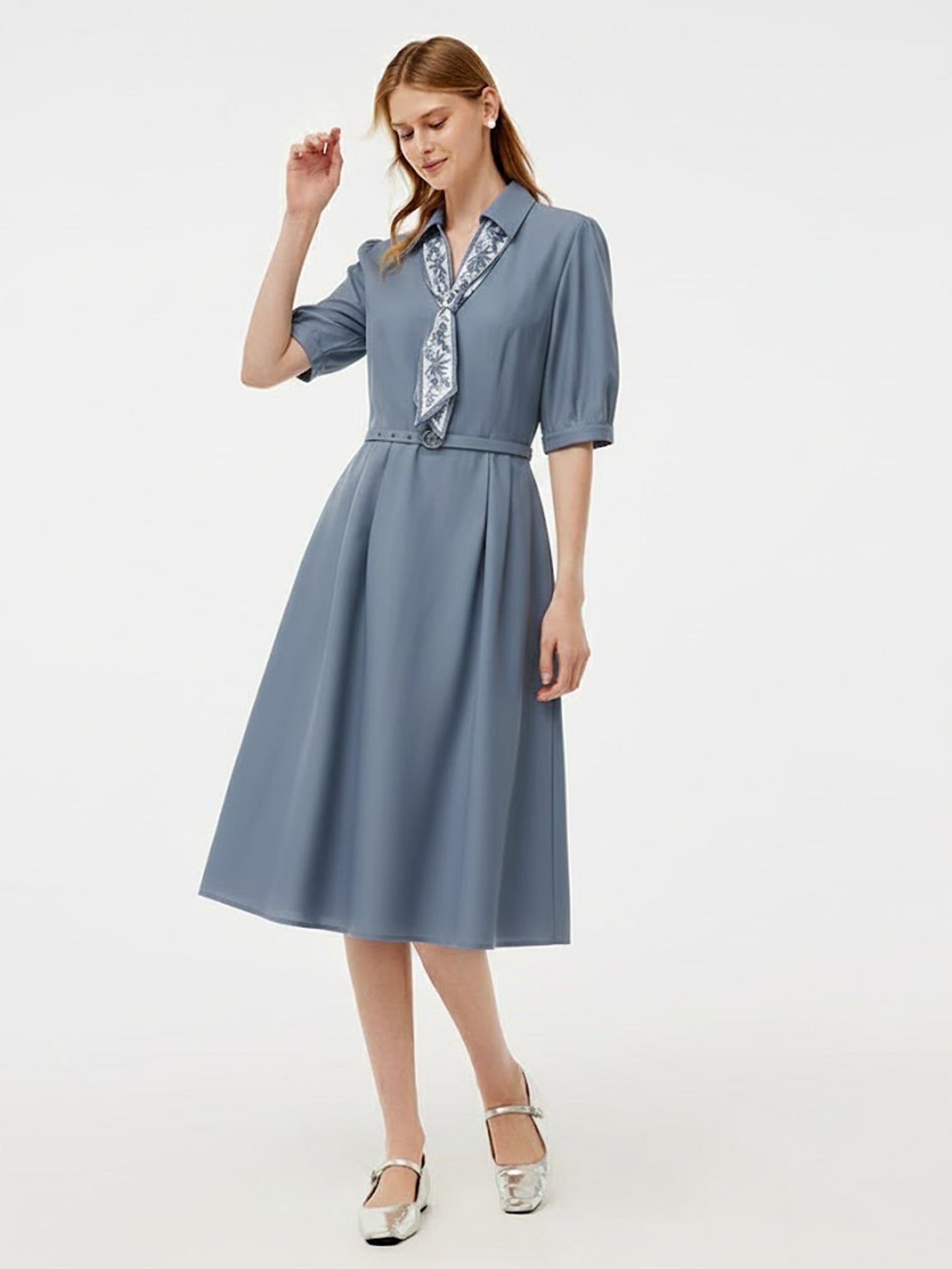 Acetate Tencel Linen Blend Women Maxi Dress With Silk Scarf And Belt GOELIA