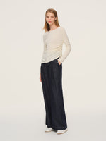 Wool Acetate Blend Boat Neck Side Drawstring Women Knit Top GOELIA