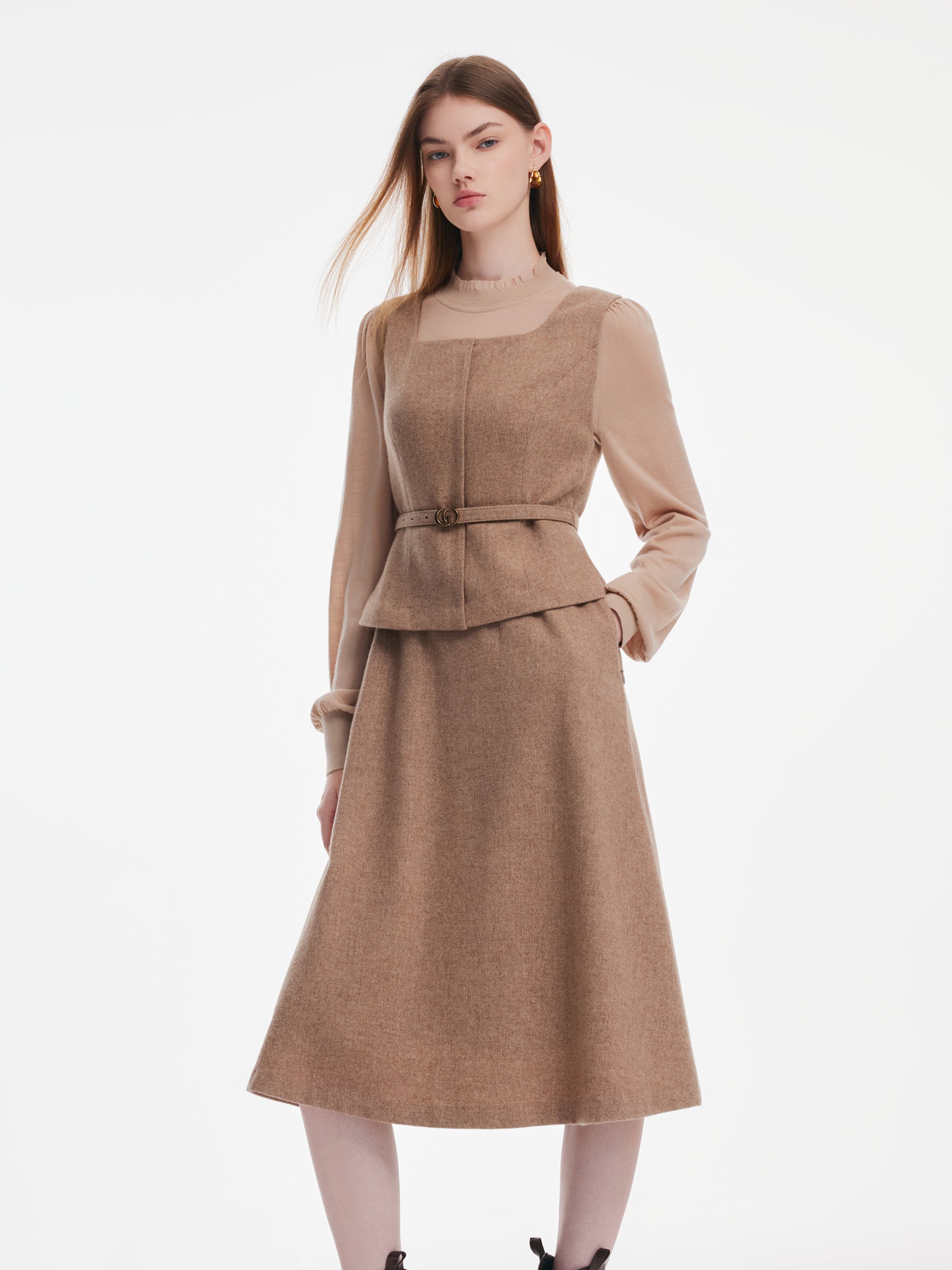 [Preview] Washable Cashmere Wool Blend Dress And Knit Top Belted Two-Piece Set GOELIA