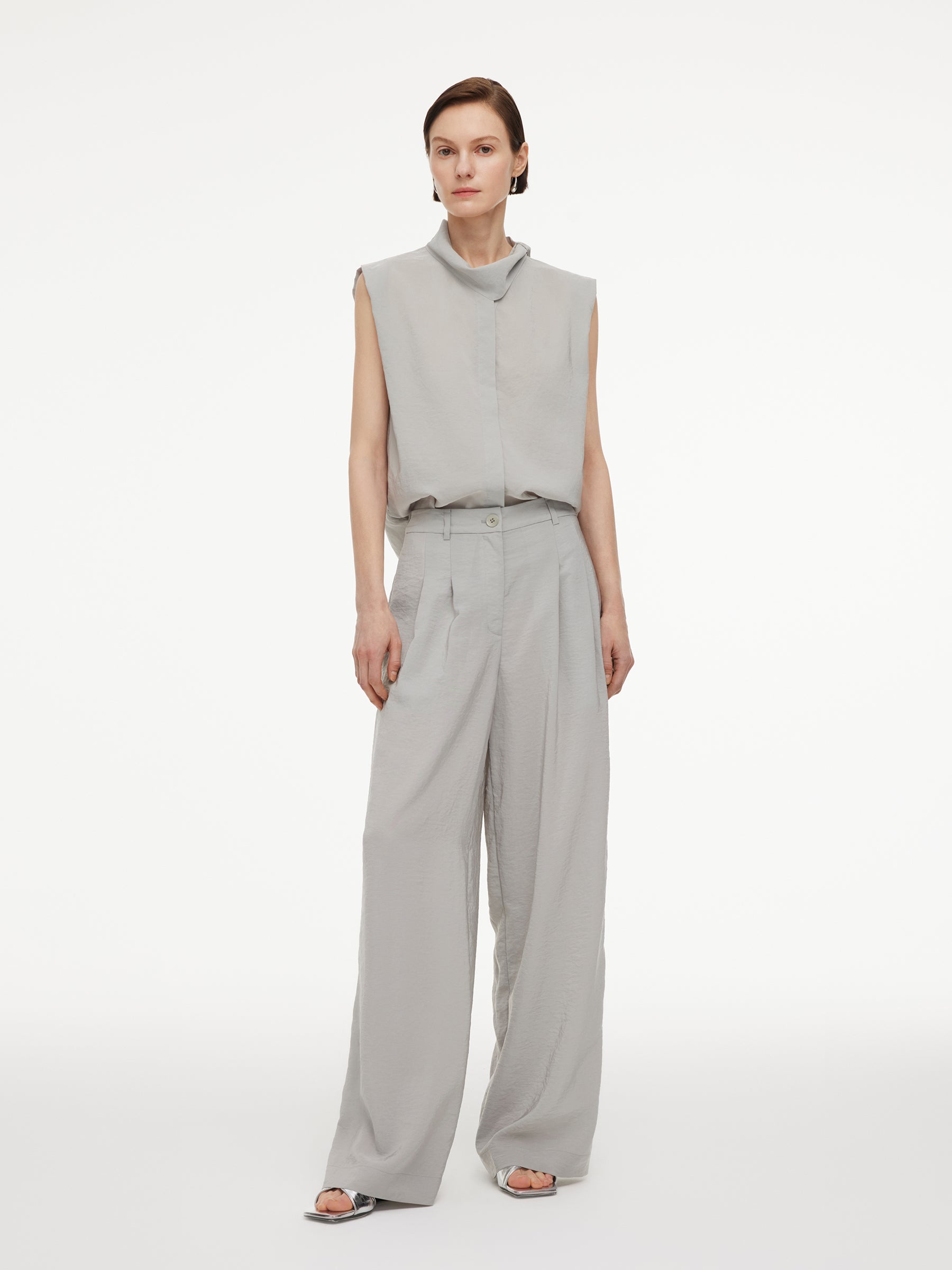 Triacetate Blend Ribbon Neck Women Sleeveless Blouse GOELIA
