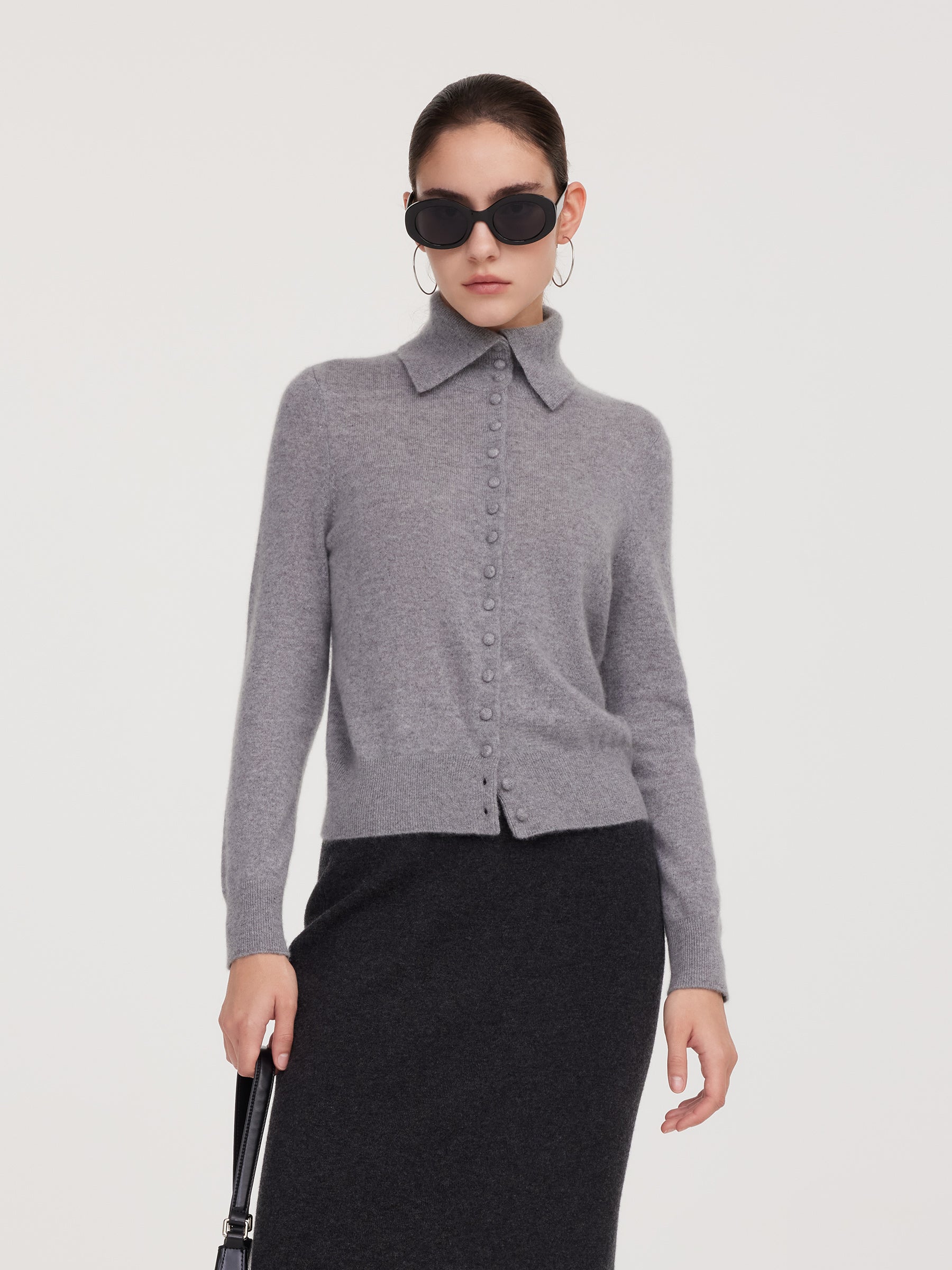 100% Cashmere Folded Collar Women Cardigan GOELIA