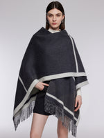Cashmere Wool Contrast Border Fringed Poncho GOELIA