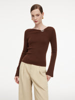 Wool Blend Boat Neck Women Knit Top With GO Letter Clip GOELIA