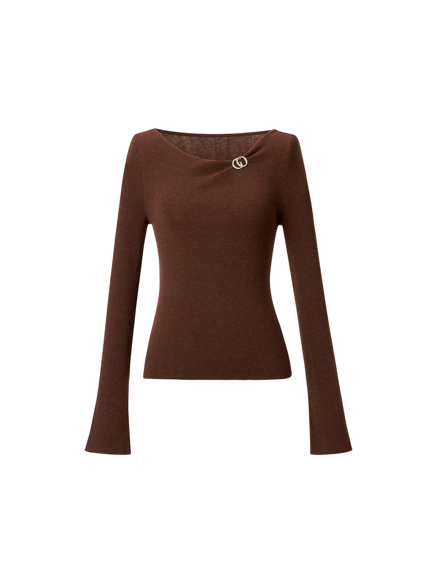 [Preview] Wool Blend Boat Neck Women Knit Top With GO Letter Clip GOELIA
