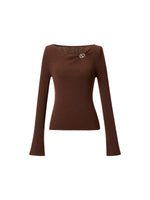 [Preview] Wool Blend Boat Neck Women Knit Top With GO Letter Clip GOELIA