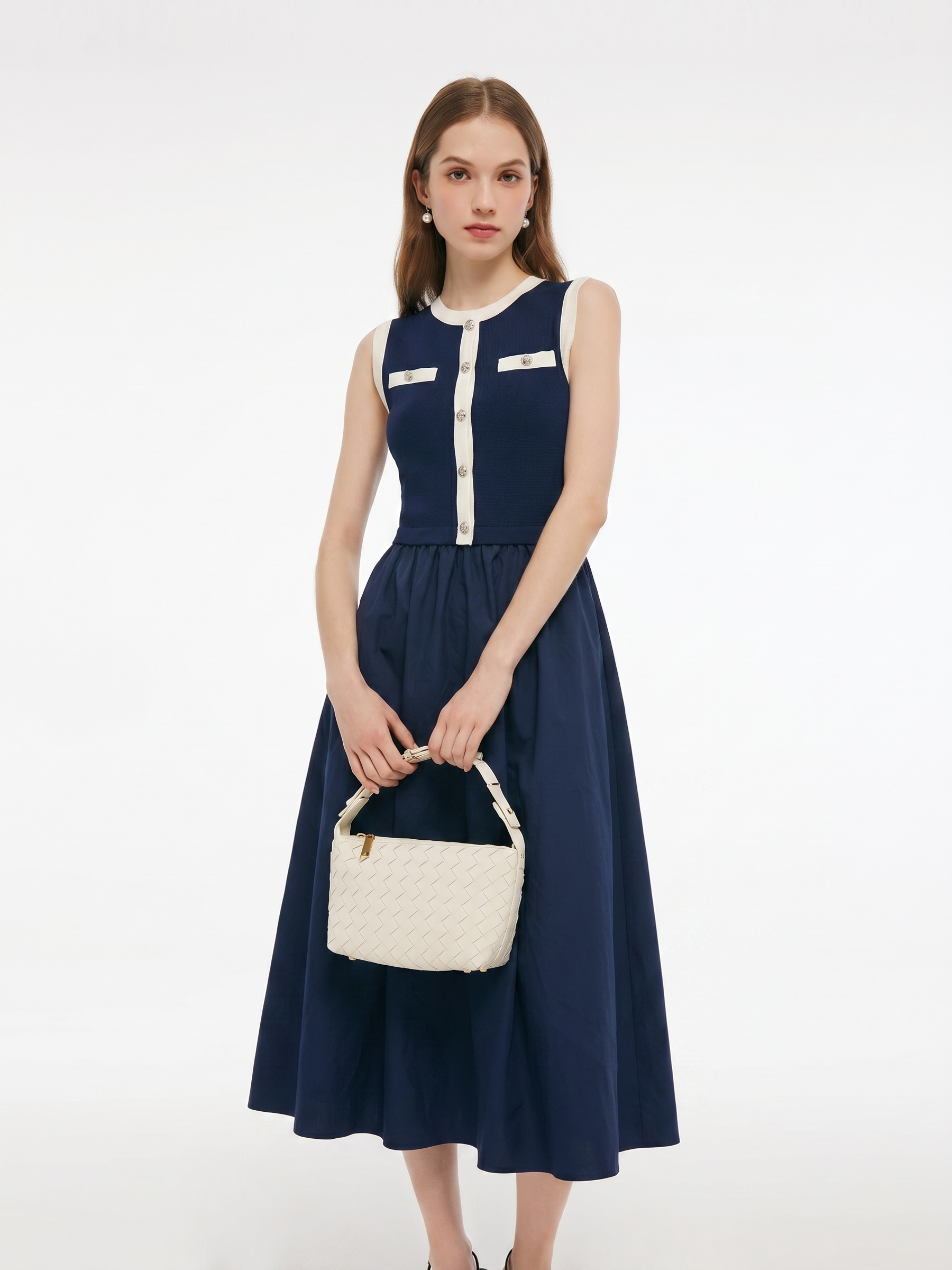 Lyocell Blend Contrast Trim Women Patchwork Sleeveless Maxi Dress GOELIA