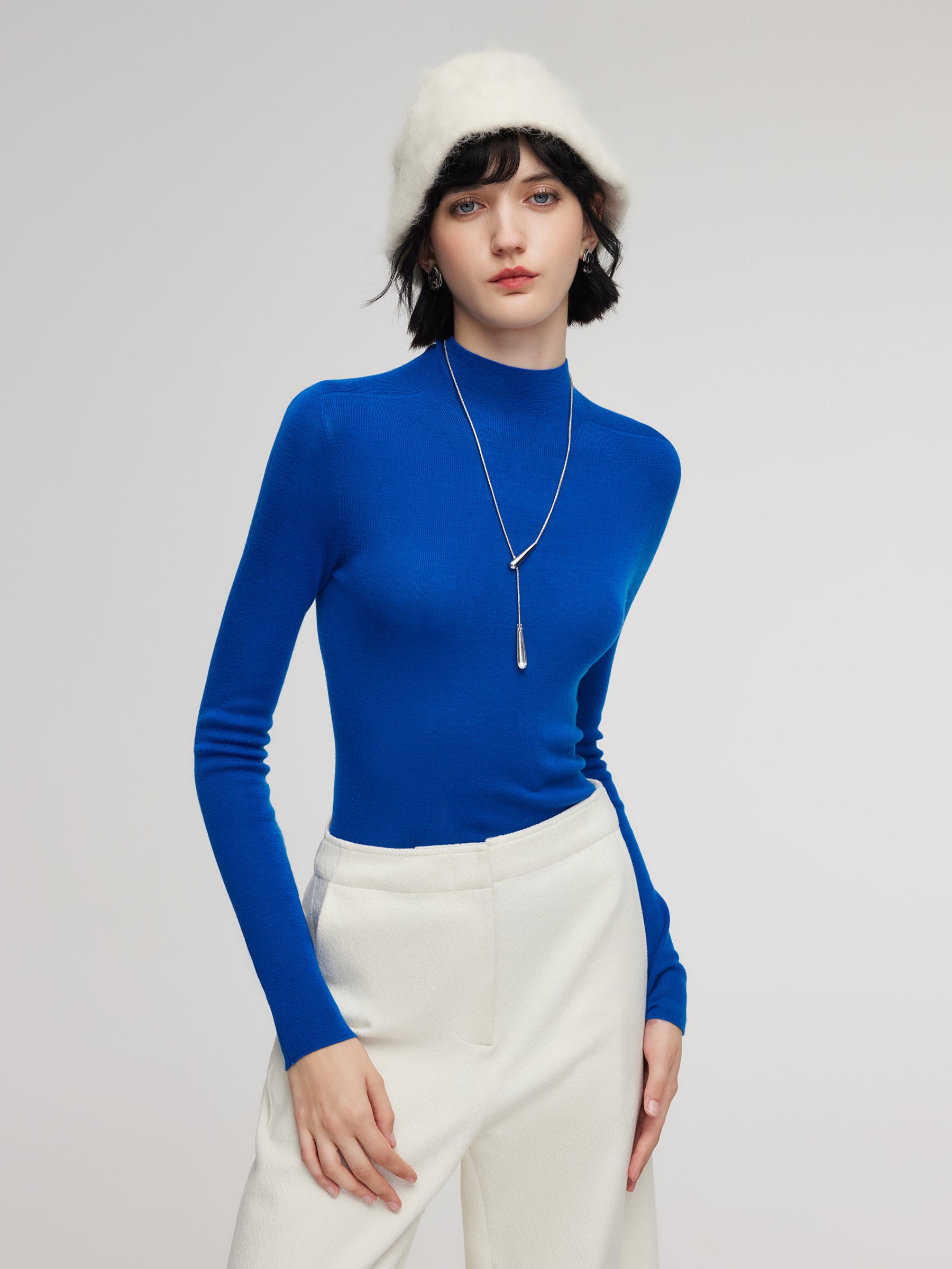 100% Wool Seamless Mock Neck Women Knit Top GOELIA