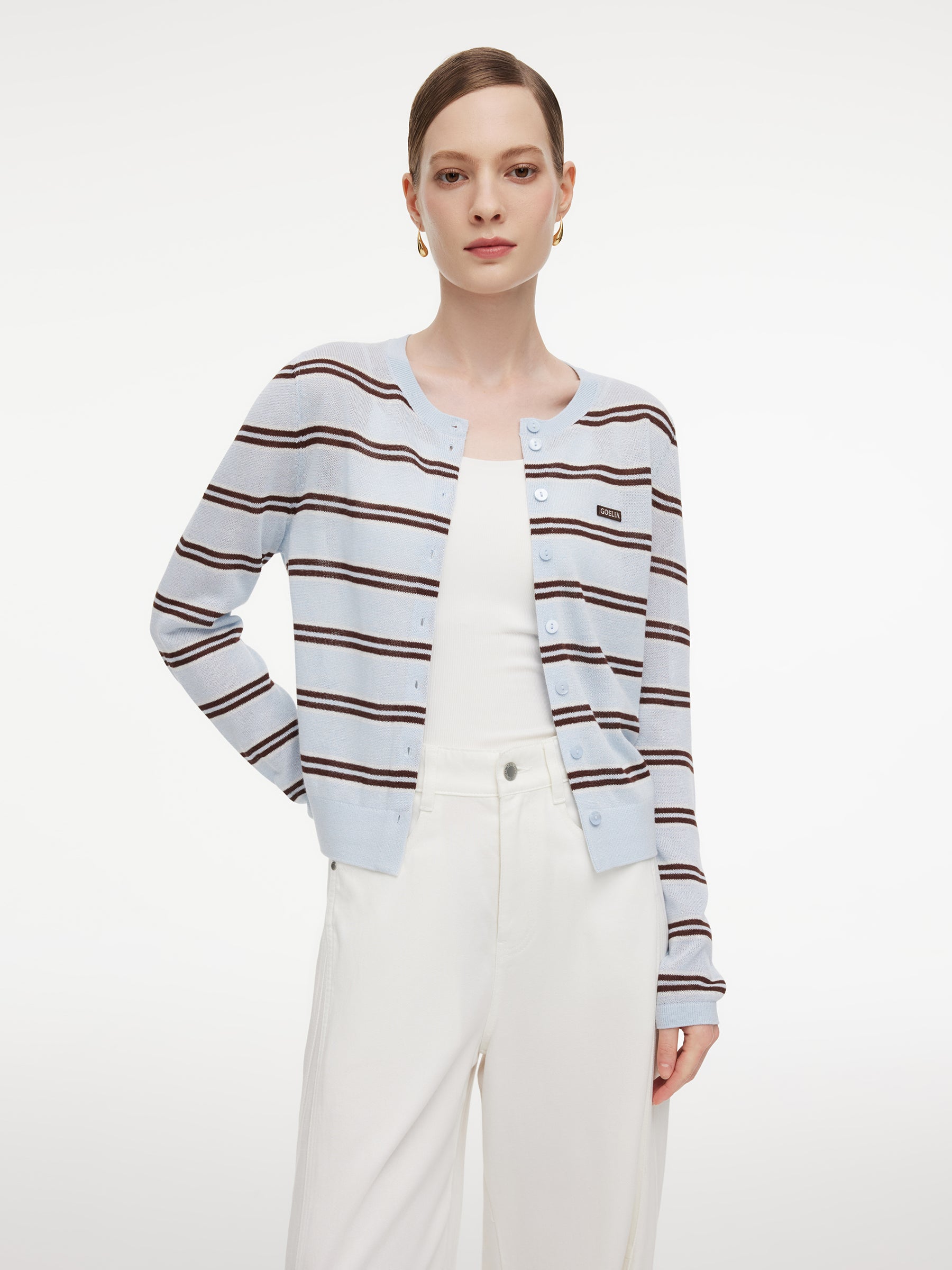 Navy Combo Stripe Women Cardigan GOELIA