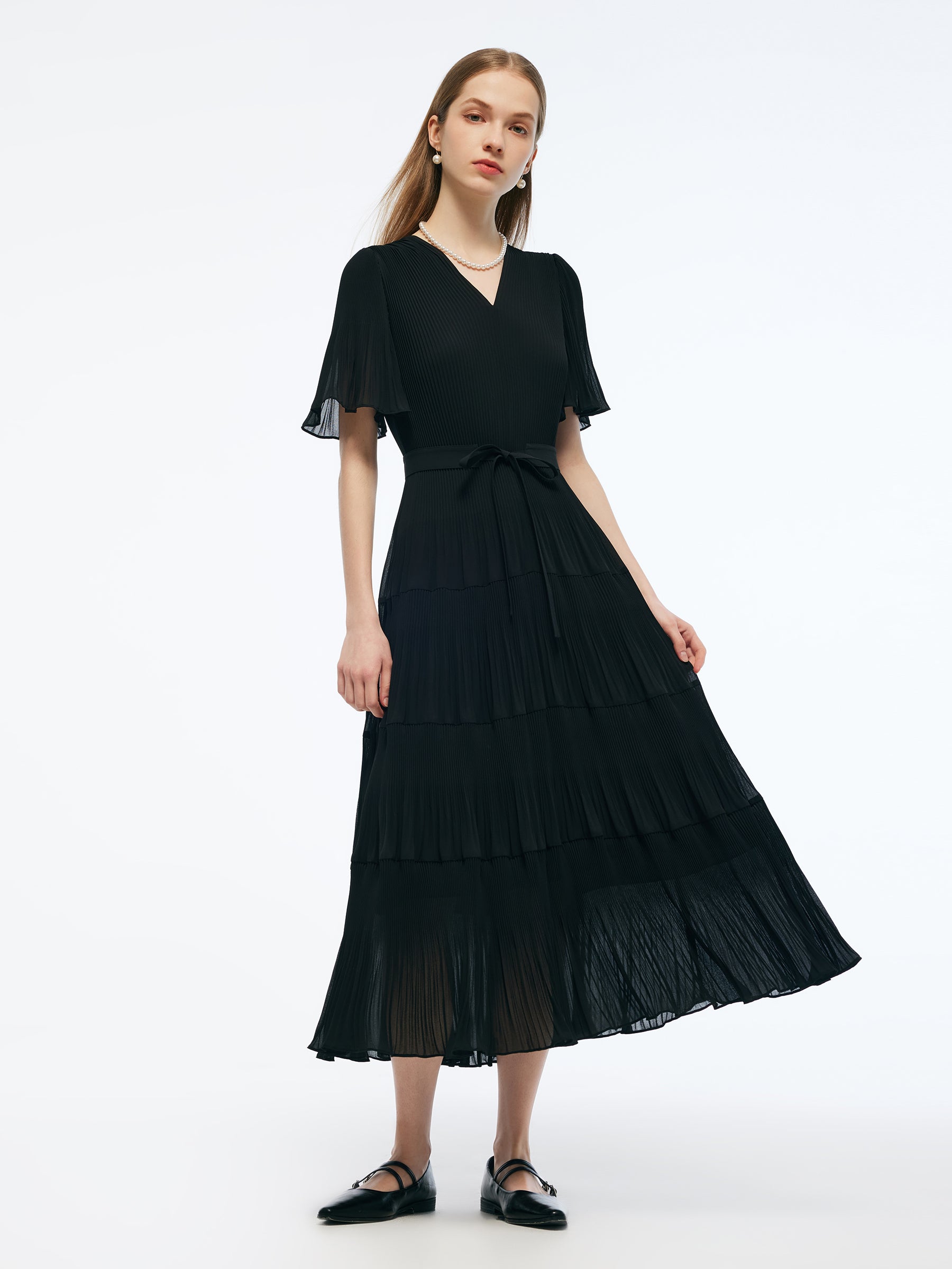 Pleated V-Neck Women A-Line Tie Belt Maxi Dress GOELIA