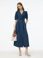 Denim Twist Front V-Neck Women Maxi Dress GOELIA