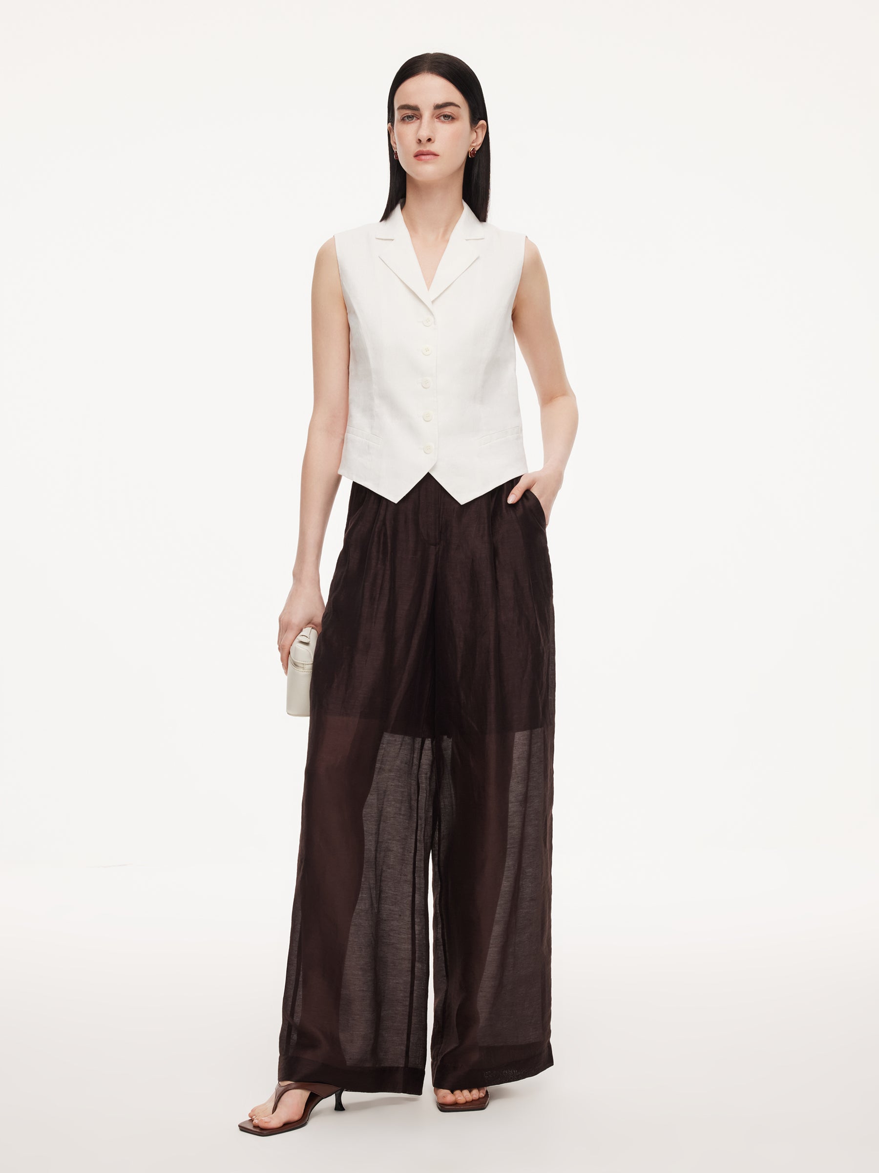 100% Linen Lapel Women V-Neck Vest GOELIA