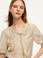 Tencel Acetate Linen Blend Tie Neck Women Blouse GOELIA
