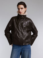 [Preview] PU Leather Goose Down Jacket With Detachable Faux Fur Collar GOELIA