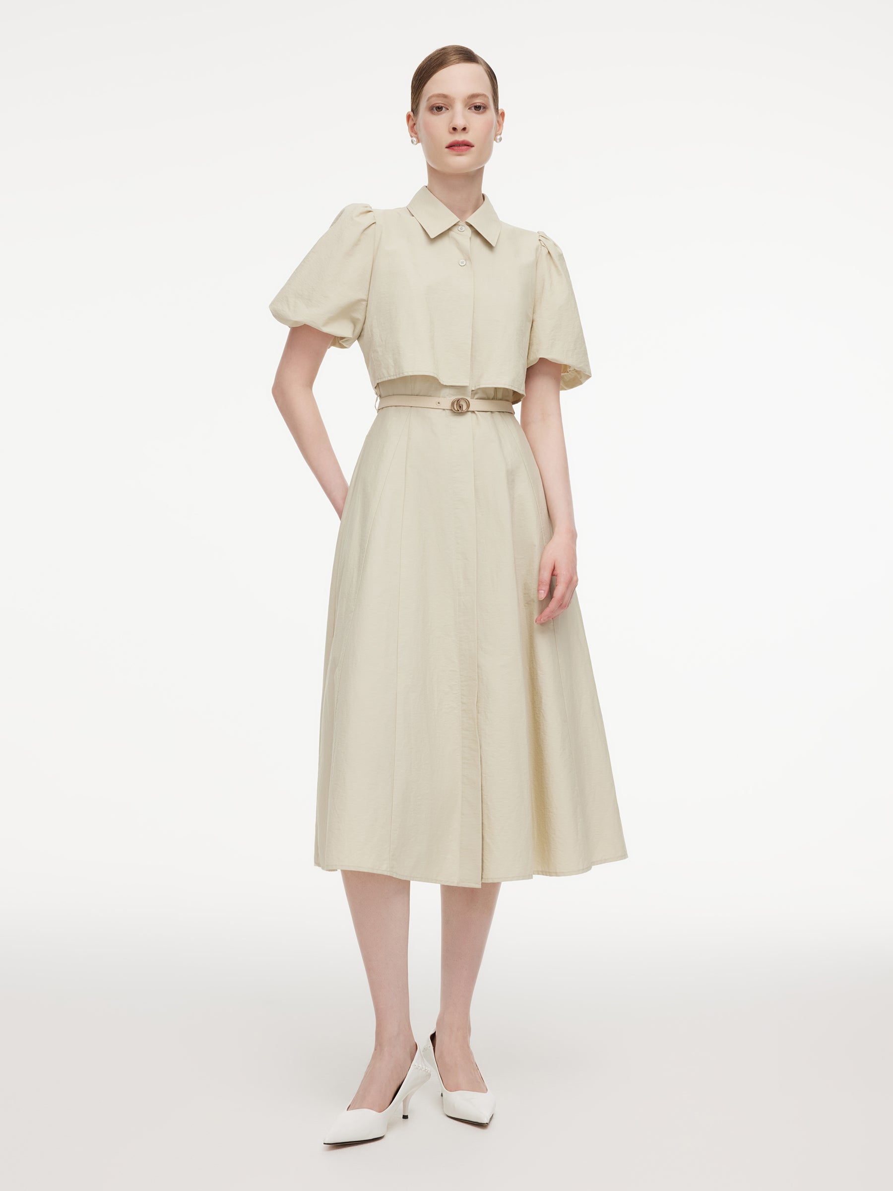 Cotton Blend Puff Sleeve Women Midi Shirt Dress With Belt GOELIA
