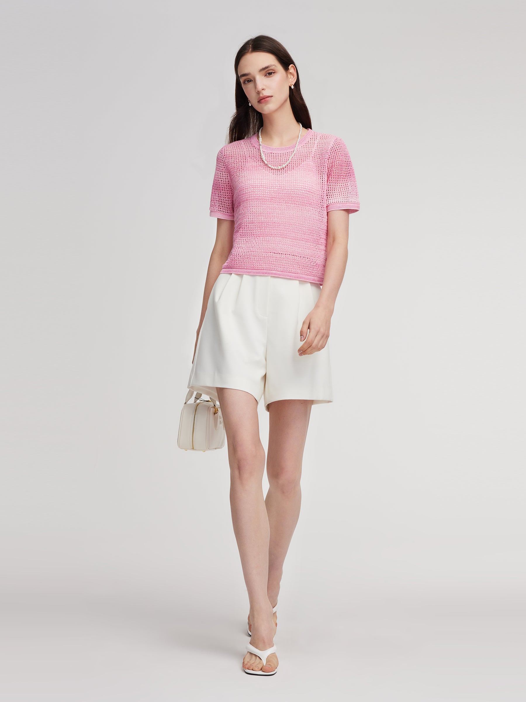 Gradient Openwork Knit Top And Knit Camisole Two-Piece Set GOELIA