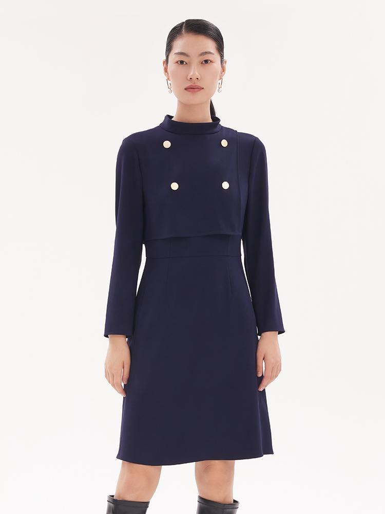 Triacetate Stand Collar Gathered Waist Midi Dress GOELIA