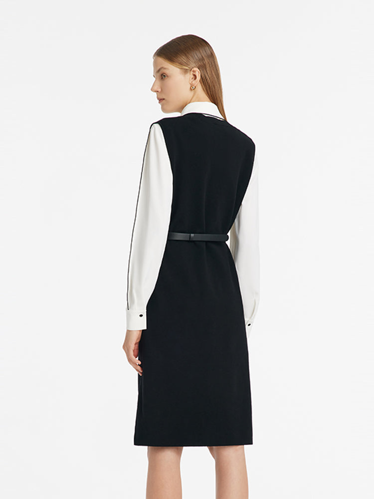 Contrast Trim Shirt And Knitted Vest Dress Two-Piece Set GOELIA