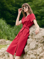 Petal Sleeves Gathered Waist V-Neck Women Midi Dress With Belt GOELIA