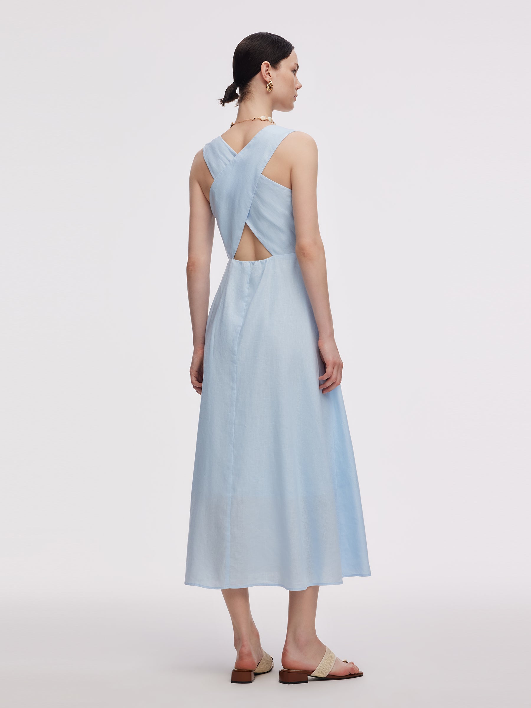 100% Linen Cross Back Women Maxi Dress GOELIA