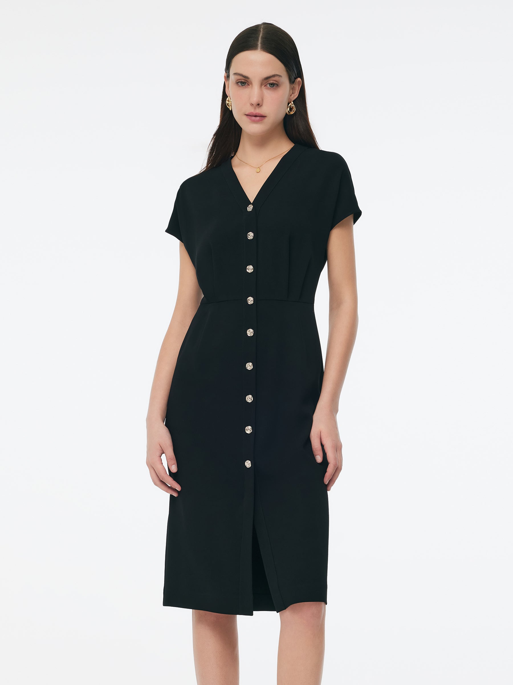 Triacetate Blend V-Neck Women Gathered Waist Midi Dress GOELIA