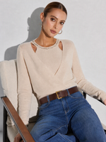 Tencel Wool Blend Beaded Neck Women Cut-Out Wrap Knit Top GOELIA