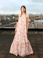 10 Momme Mulberry Silk Iris Printed Halter Ruffle Women Maxi Dress GOELIA