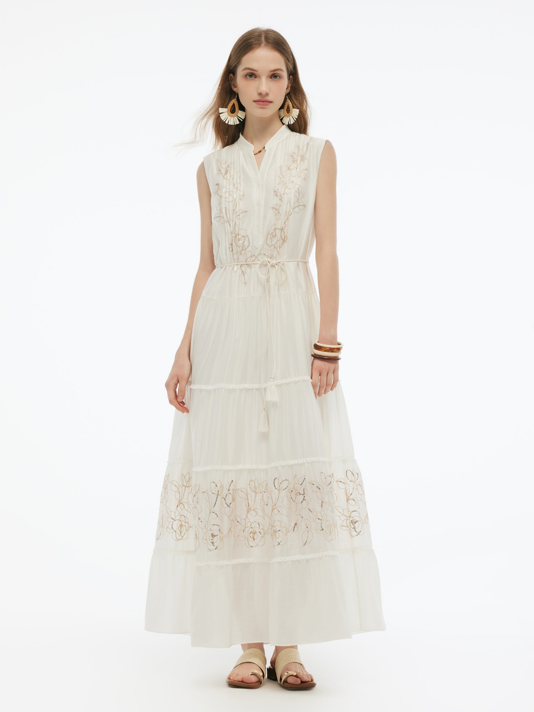 Tencel Blend Embroidered Women Maxi Vest Dress With Tie String Belt GOELIA