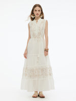 Tencel Blend Embroidered Women Maxi Vest Dress With Tie String Belt GOELIA