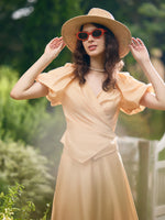 Puff Sleeves Wrapped Top And Skirt With Bottomed Camisole Three-Piece Set GOELIA
