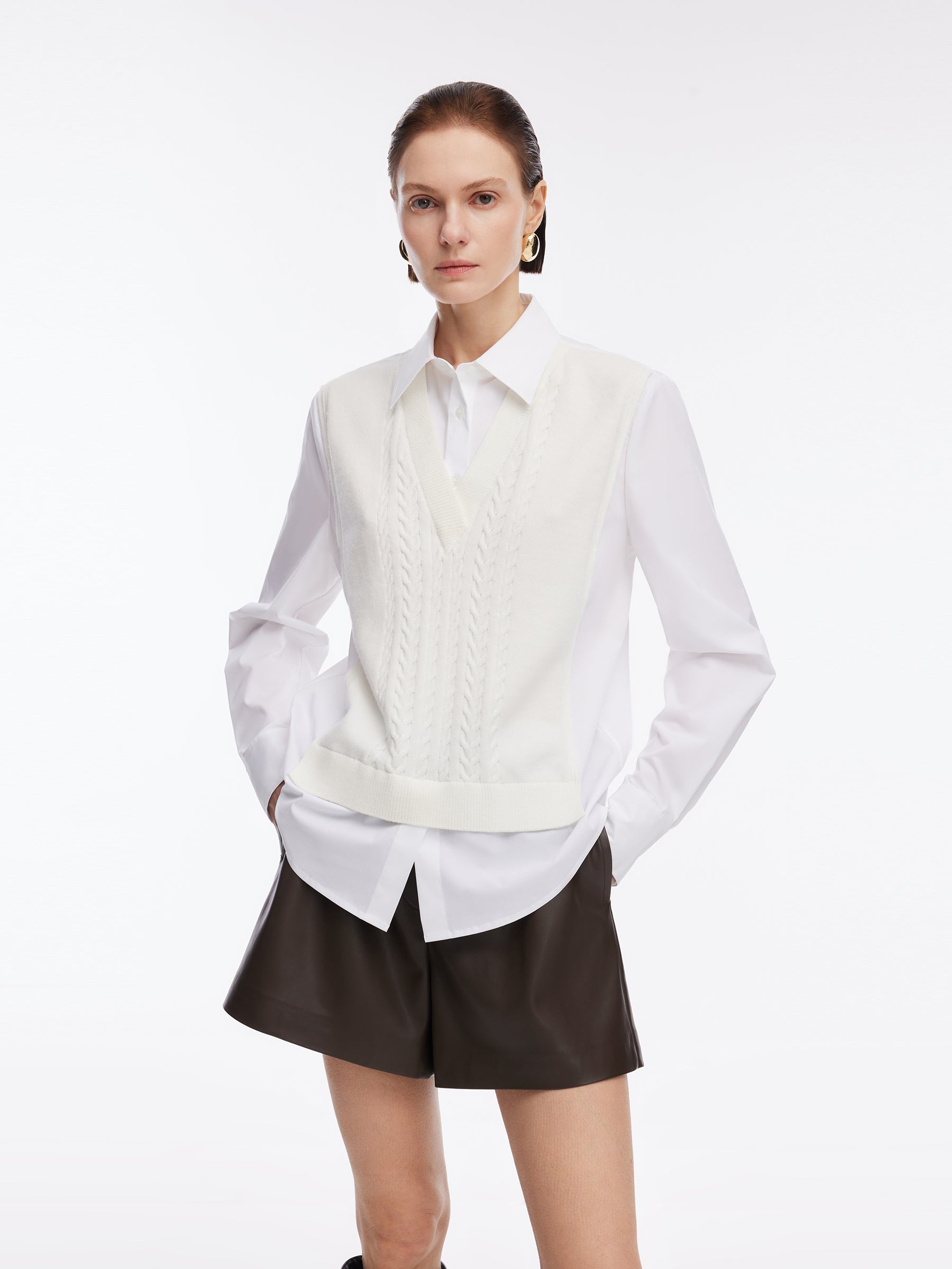 [Preview] Lyocell Blend Faux Two-Piece Women Patchwork Shirt GOELIA